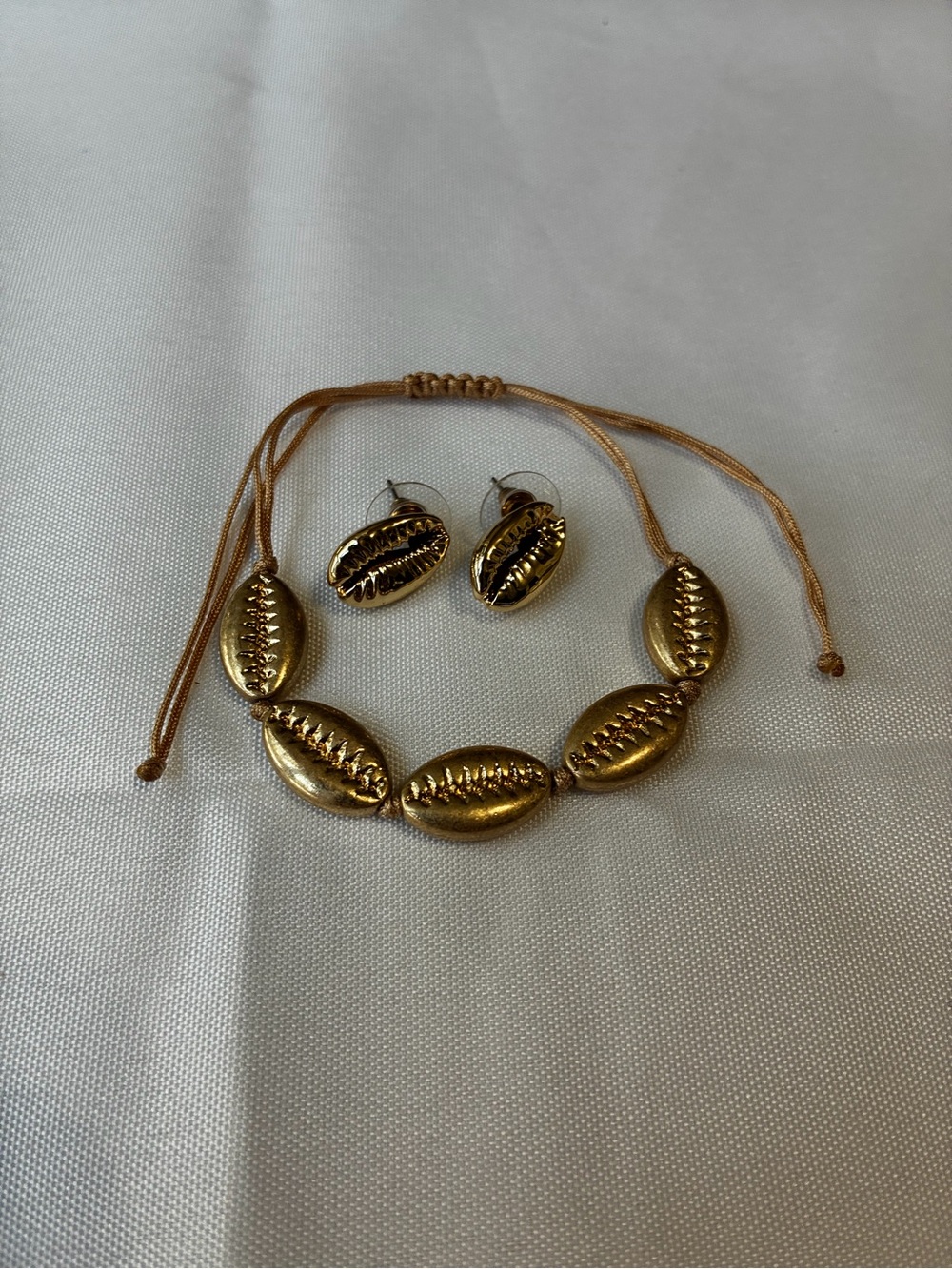 Gold Cowrie Shell Jewelry Set | Adjustable Cord Bracelet & Stud Earrings - Picture 3 of 6